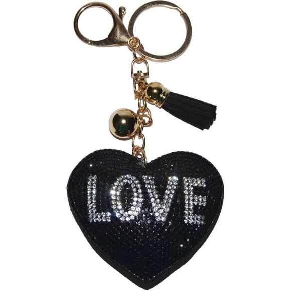 NWOT Rhinestone Love Heart Keychain Women's OS Black Glitter Bling Tassel Charm - Picture 1 of 5